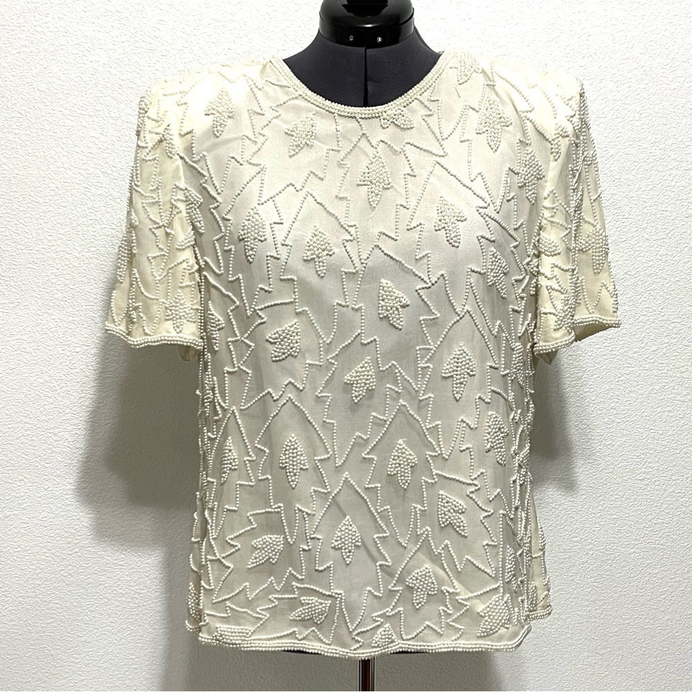 Laurence Kazar VINTAGE Woman 100% SILK Beaded Blouse Size XL